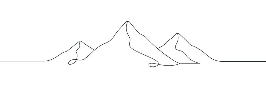 Continuous one line drawing of mountain peaks minimalist landscape nature range outline art illustration. Single line drawing. Editable stroke. Doodle hand drawn vector illustration