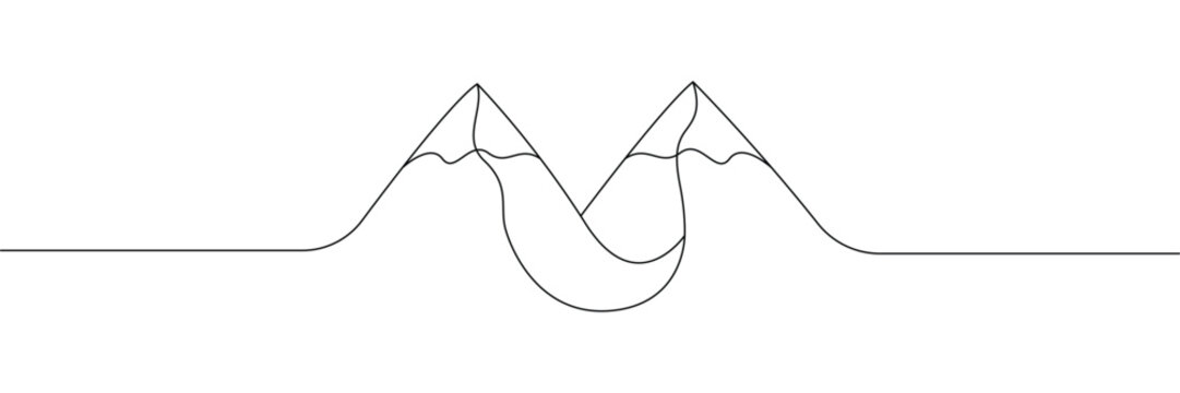 Minimalist continuous one line drawing of two mountain peaks with snow caps and horizon. Single line drawing. Editable stroke. Doodle hand drawn vector illustration