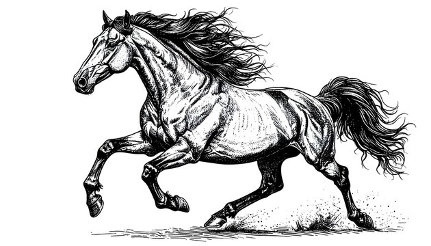 Ilustraci&oacute;n expresiva de caballo galopando en blanco y negro con fuerte sensaci&oacute;n de movimiento