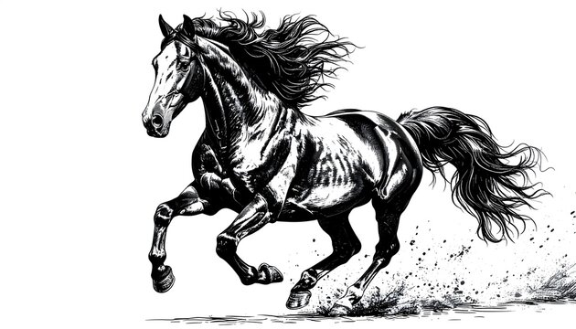 Ilustraci&oacute;n art&iacute;stica de caballo galopando en blanco y negro con estilo din&aacute;mico