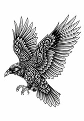 Fototapeta premium 模様が美しいカラスのイラスト、白背景に黒の線画