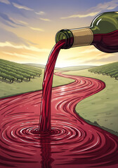 ワインの川、夕焼け空とぶどう畑のイラスト