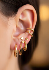 耳の装飾品、金色のイヤリングが輝くクローズアップ