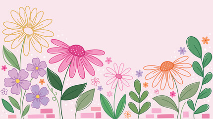 Obraz premium Cheerful botanical illustration pink background flowers daisies leaves pastel garden spring nature