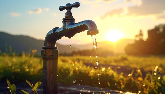 A metal water tap extending over green grass in a sunlit field, warm golden-hour light, shallow depth of field, eco and sustainability concept, calm rural atmosphere, realistic outdoor photography.
