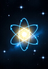 宇宙背景に浮かぶ青い原子のイラスト