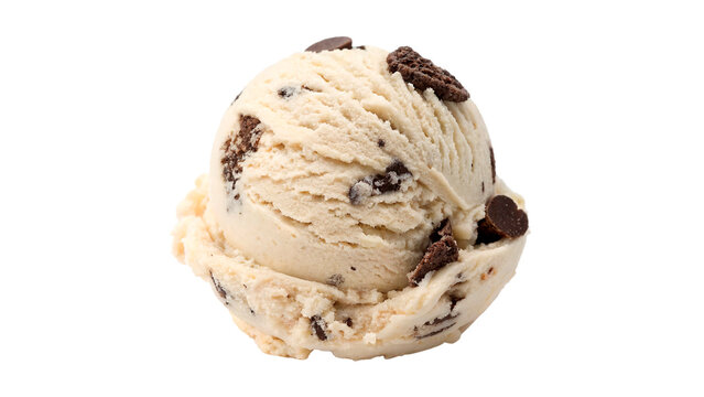 Creamy cookie dough ice cream in a scoop with chocolate pieces and cookie bites isolated on transparent background