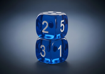 透明なサイコロの積み重ね、青色の背景