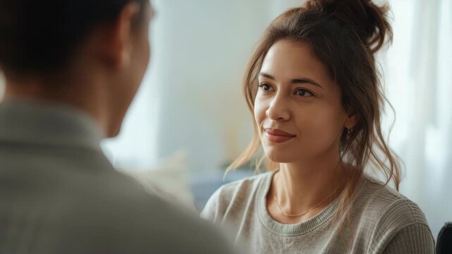 Young woman listening and smiling during candid conversation portrait indoor soft light cozy