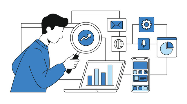 Business professional analyzing growth data with magnifying glass and digital marketing tools