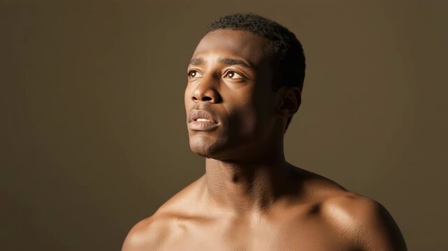 Young black man portrait male contemplative thoughtful studio lighting soft warm dramatic neutral