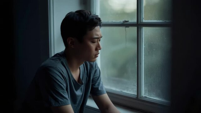 Young man portrait by window with moody light and thoughtful expression soft natural indoor lighting