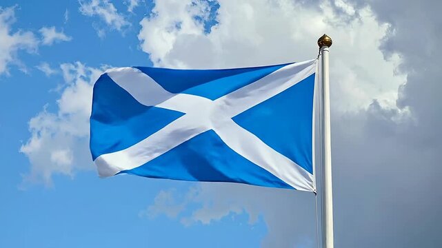 The flag of Scotland is waving proudly in the wind against a beautiful cloudy sky background.