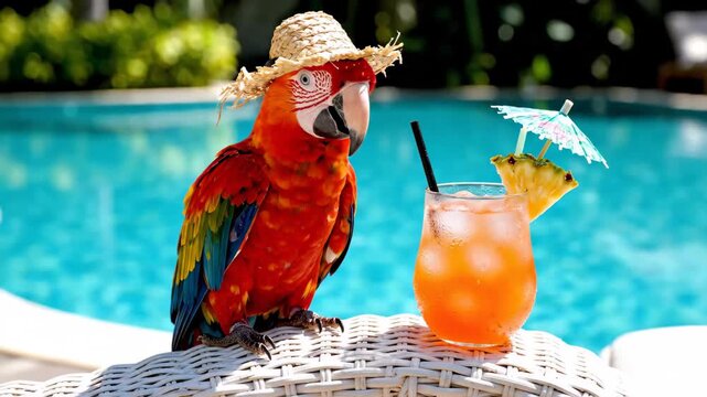 Colorful parrot enjoying poolside tropical drink under sunhat umbrella