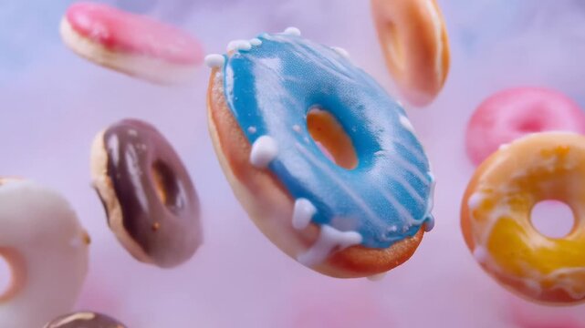 Colorful donuts in midair collision with vibrant icing and sprinkles in cloudy backdrop
