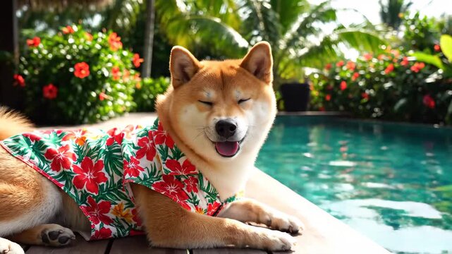 Tropical relaxation: shiba inu lounging by pool in floral shirt
