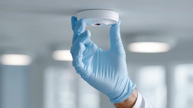 Healthcare for Seniors and Aging Tech concept ,Gloved fingers installing blue security camera and smoke detector modern building