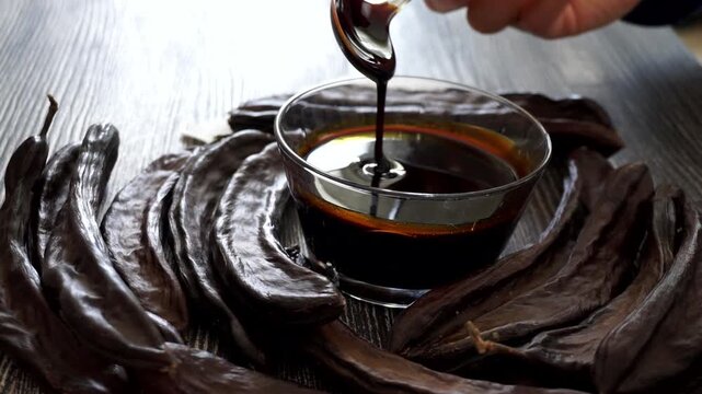 Arabic Molasses and Dry Carob Together, Traditional Natural Healthy Food Ingredients 4K