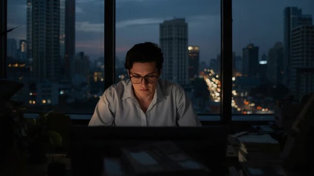 Young man working late laptop highrise office with city skyline dusk and blurred traffic lights