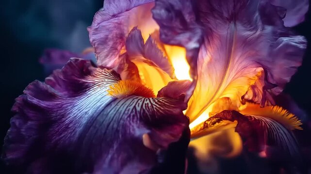 Close-up of a vibrant iris bloom with petals of deep purple, lit by warm, inner light