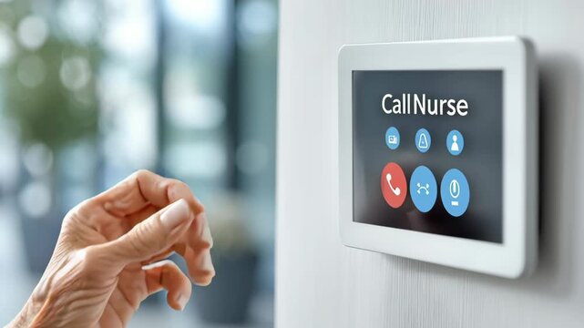 Healthcare for Seniors and Aging Tech concept ,Elder hand tapping call nurse button digital medical alert device for emergency