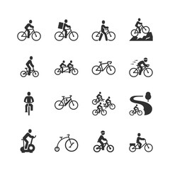 Cycling and bicycle riding scenarios, monochrome icons set. Urban and outdoor cycling activity, bike commuting, mountain biking, leisure and sport transportation. Black and white symbols style.