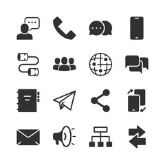 Communication and connection methods, monochrome icons set. Interpersonal communication channels, voice and message exchange, analog and digital contact. Black and white symbols style.