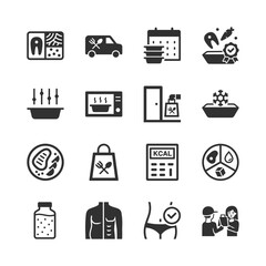 Food delivery and meal plan service, monochrome icons set. Home food delivery, ready meals, healthy eating service, courier delivery, diet and lifestyle support. Black and white symbols style