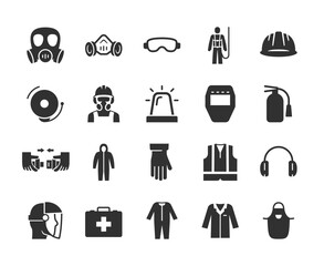 Personal protective equipment and safety gear, monochrome icons set. Industrial and everyday protection, respiratory and eye protection, hazard prevention, workplace safety. Black and white symbols