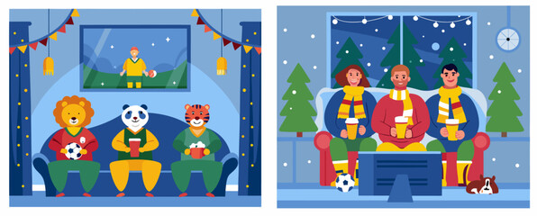 Fototapeta premium A colorful vector illustration of animals and people watching a soccer game on TV during a snowy Christmas night