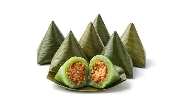 Kue Bugis pyramid-shaped dessert cut open revealing golden filling on a leaf