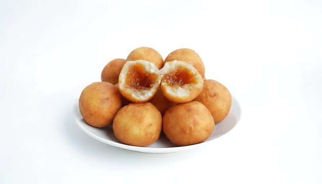 A plate of misro pastries with one cut open to reveal the filling on a white surface viewed from directly above