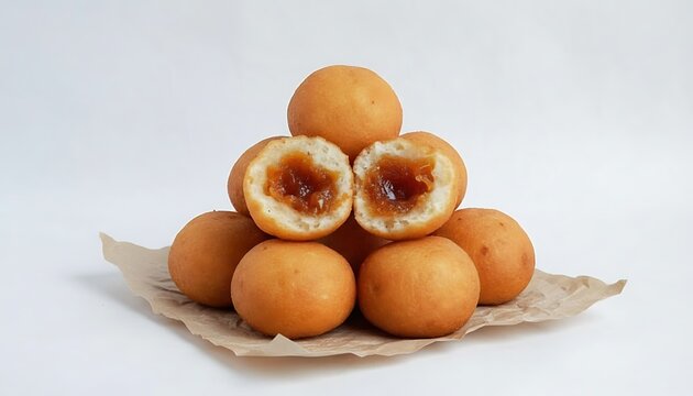 A pyramid of golden brown misro pastries with one cut open to reveal a rich filling