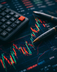 Analyzing financial trends with calculator and pen business environment digital graphs close-up view investment insights