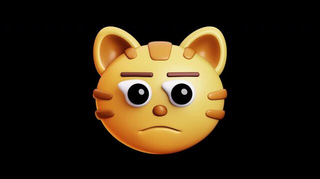 4k Alpha and Seamless Loop Animation of Suspicious Cat Emoji 3D Transparent Video with Stern Expression
