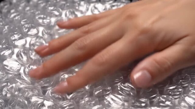 Hand pressing bubble wrap with satisfying pop sound in closeup sequence