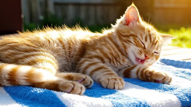 Playful kitten sunbathing on a towel in a sunny backyard