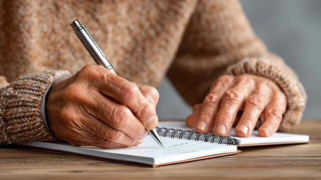 Healthcare for Seniors and Aging Tech concept ,Elderly person writing with pen notebook paper wearing brown sweater close up
