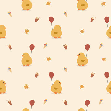 Fat kid duck play balloon cartoon so cute. On drinks ice cream sun background. Pattern seamless vector illustration. 