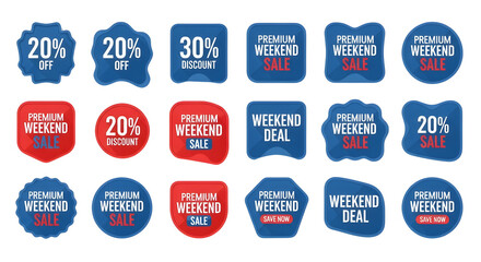 Discount and sale badge icon collection. Includes 20% off, 30% discount, premium weekend sale, and weekend deal symbols. Created in flat style with red and blue palette.