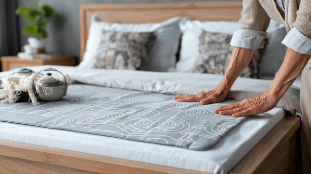 Healthcare for Seniors and Aging Tech concept ,Elderly person hand placing anti slip mat bed for safety comfort cozy bedroom