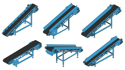 Blue industrial conveyor belt systems depicted in precise technical schematic illustrations.