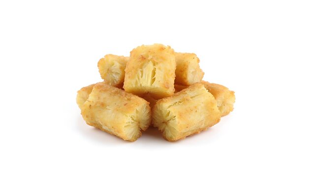 Pile of crispy fried singkong goreng on a clean white surface viewed from directly above