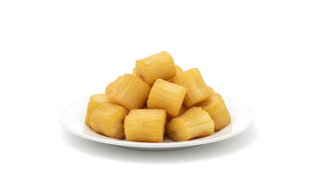 Fried cassava or singkong goreng served on a white plate, close-up view of a snack