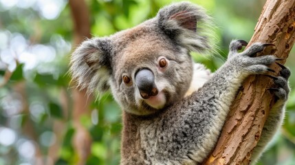 Fototapeta premium Close-Up of a Koala Clinging to a Tree Branch Surrounded by Lush Greenery in Australia