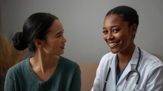 Smiling female doctor and young patient sharing reassuring consultation clinic with stethoscope
