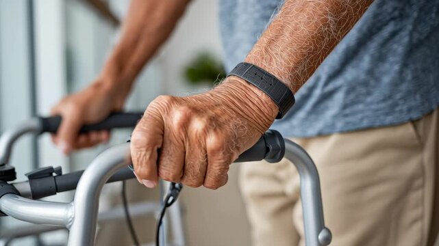 Healthcare for Seniors and Aging Tech concept ,Elderly hand gripping walker handle showing skin texture veins with fitness