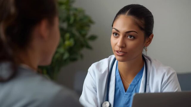 Female doctor patient consultation clinic with stethoscope calm empathetic blue scrubs and warm