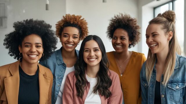 Smiling woman group diversity office coworker joyful young women laughing together bright room