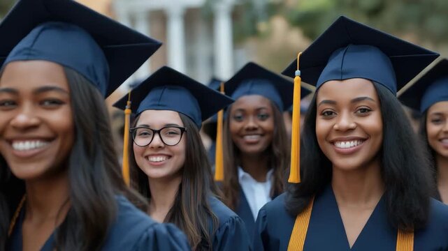 Smiling graduate navy cap and gown with classmates outdoor commencement ceremony celebrating